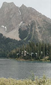 Preview wallpaper mountains, building, river, trees, spruce