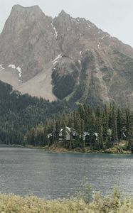 Preview wallpaper mountains, building, river, trees, spruce