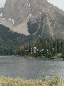 Preview wallpaper mountains, building, river, trees, spruce