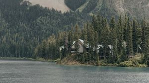 Preview wallpaper mountains, building, river, trees, spruce