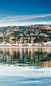 Preview wallpaper mountains, buildings, houses, yachts, pier, water