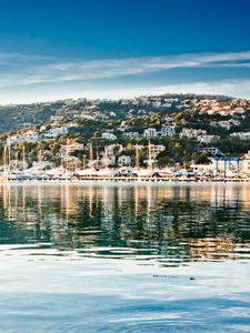 Preview wallpaper mountains, buildings, houses, yachts, pier, water