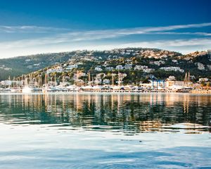 Preview wallpaper mountains, buildings, houses, yachts, pier, water