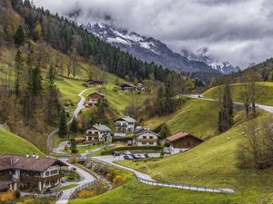 Preview wallpaper mountains, buildings, idyll, rest