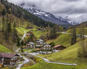 Preview wallpaper mountains, buildings, idyll, rest