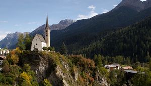 Preview wallpaper mountains, buildings, river, landscape