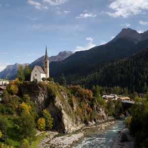 Preview wallpaper mountains, buildings, river, landscape