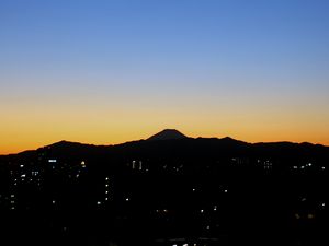 Preview wallpaper mountains, buildings, sunrise, dark