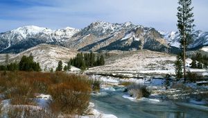 Preview wallpaper mountains, bushes, spring, snow, water, idaho