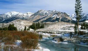 Preview wallpaper mountains, bushes, spring, snow, water, idaho