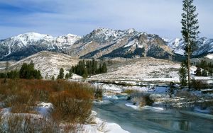 Preview wallpaper mountains, bushes, spring, snow, water, idaho