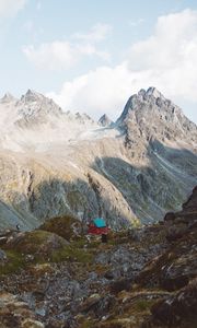 Preview wallpaper mountains, cabin, hills, mountain range, nature