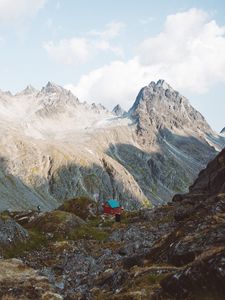 Preview wallpaper mountains, cabin, hills, mountain range, nature