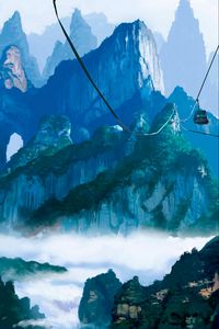 Preview wallpaper mountains, cable car, nature, art