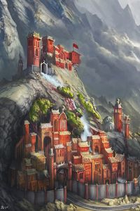 Preview wallpaper mountains, castle, trees, fantasy, art