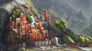 Preview wallpaper mountains, castle, trees, fantasy, art