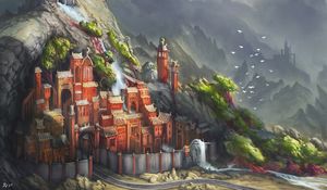 Preview wallpaper mountains, castle, trees, fantasy, art