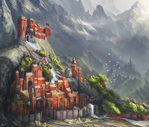 Preview wallpaper mountains, castle, trees, fantasy, art