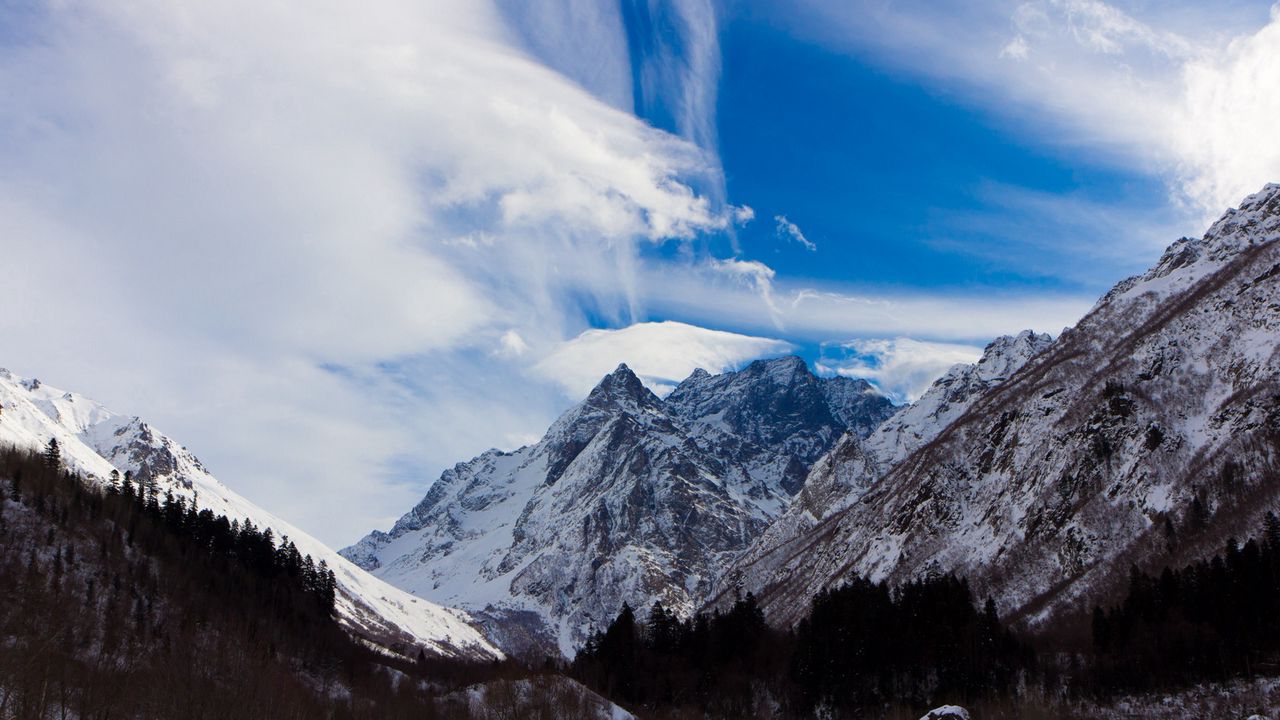 Wallpaper mountains, caucasus, snow, dombai, top, peak, height, sky