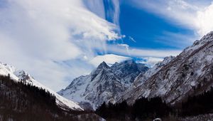 Preview wallpaper mountains, caucasus, snow, dombai, top, peak, height, sky