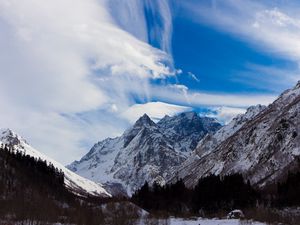 Preview wallpaper mountains, caucasus, snow, dombai, top, peak, height, sky