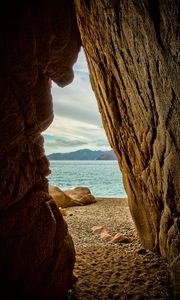 Preview wallpaper mountains, cave, beach, sea