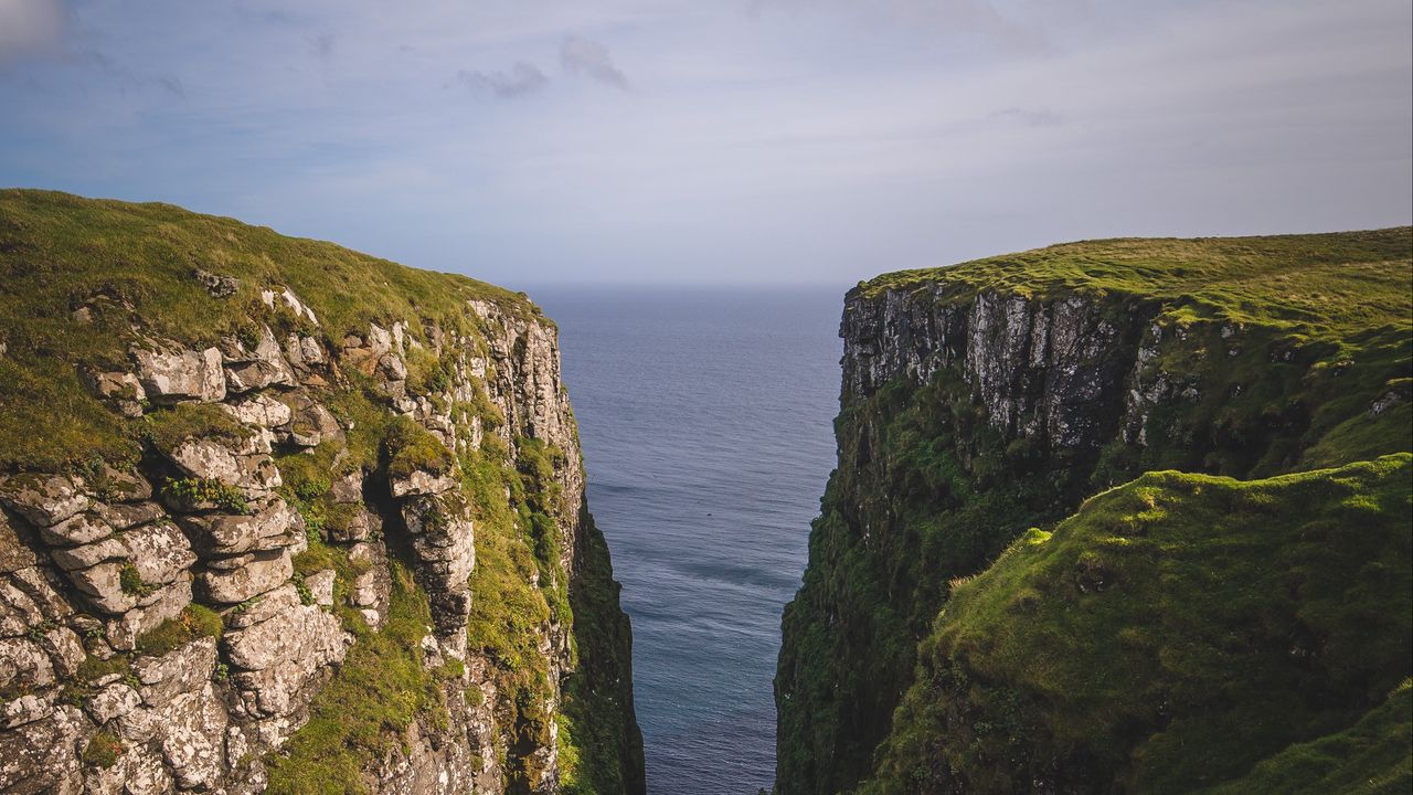 Wallpaper mountains, cliff, grass, sea, landscape