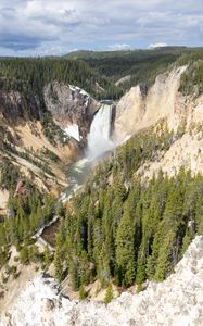 Preview wallpaper mountains, cliff, waterfall, trees, landscape