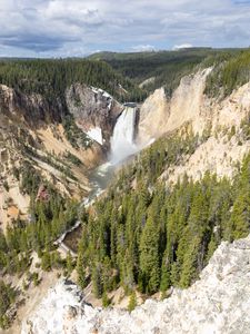 Preview wallpaper mountains, cliff, waterfall, trees, landscape