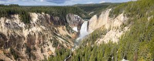 Preview wallpaper mountains, cliff, waterfall, trees, landscape