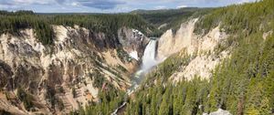 Preview wallpaper mountains, cliff, waterfall, trees, landscape