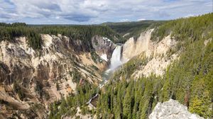 Preview wallpaper mountains, cliff, waterfall, trees, landscape