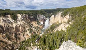 Preview wallpaper mountains, cliff, waterfall, trees, landscape