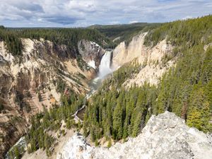 Preview wallpaper mountains, cliff, waterfall, trees, landscape