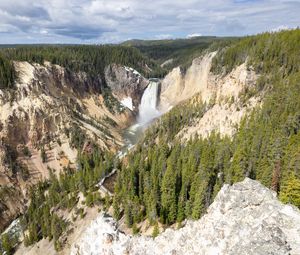 Preview wallpaper mountains, cliff, waterfall, trees, landscape