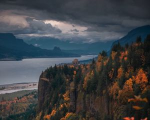 Preview wallpaper mountains, cliffs, river, forest, building