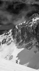 Preview wallpaper mountains, climber, snow, bw, landscape