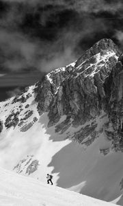 Preview wallpaper mountains, climber, snow, bw, landscape