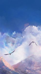 Preview wallpaper mountains, clouds, birds, art