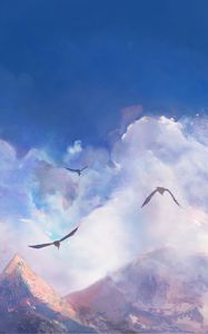 Preview wallpaper mountains, clouds, birds, art