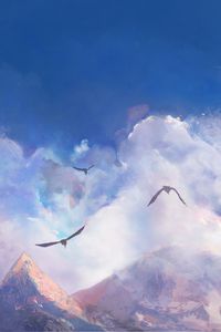 Preview wallpaper mountains, clouds, birds, art