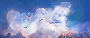 Preview wallpaper mountains, clouds, birds, art