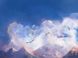 Preview wallpaper mountains, clouds, birds, art