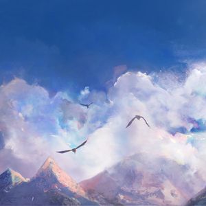 Preview wallpaper mountains, clouds, birds, art