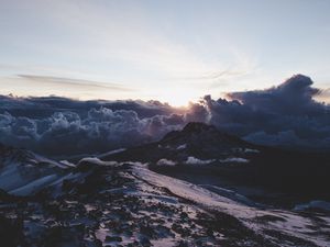 Preview wallpaper mountains, clouds, dawn, landscape, aerial view