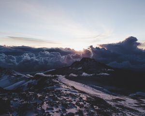 Preview wallpaper mountains, clouds, dawn, landscape, aerial view