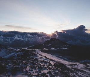 Preview wallpaper mountains, clouds, dawn, landscape, aerial view
