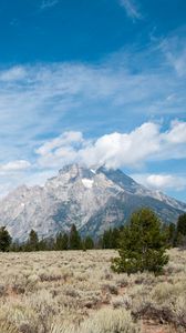 Preview wallpaper mountains, clouds, field, trees, landscape, nature