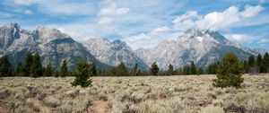 Preview wallpaper mountains, clouds, field, trees, landscape, nature