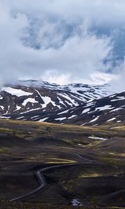Preview wallpaper mountains, clouds, fog, snow, road, iceland